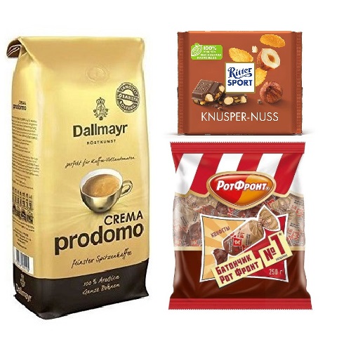 Кофе в зернах, шоколад и шоколадные батончики